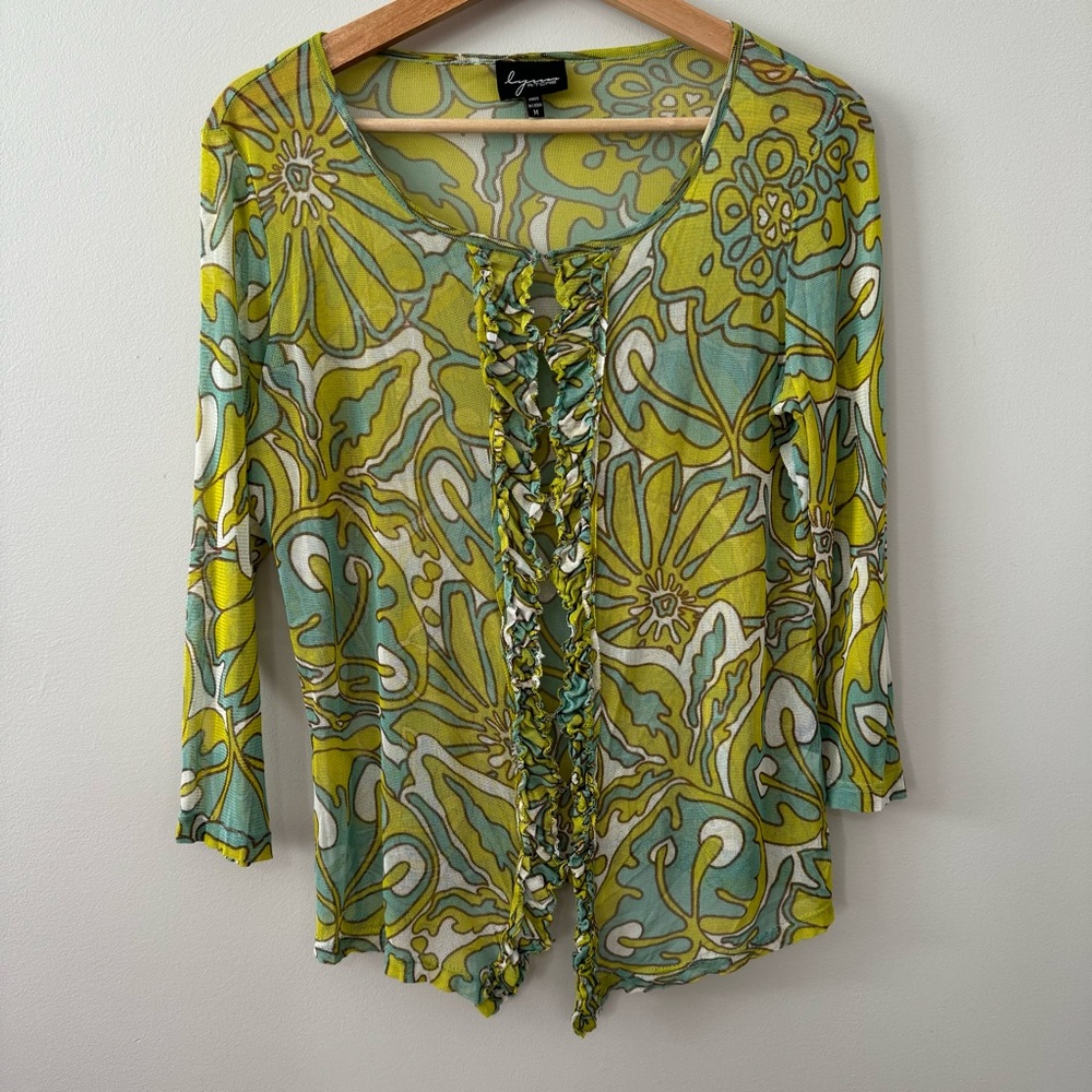 Lynn Ritchie 100% Silk Sheer Mesh Ruffle Groovy Floral Top Medium - Picture 2 of 14